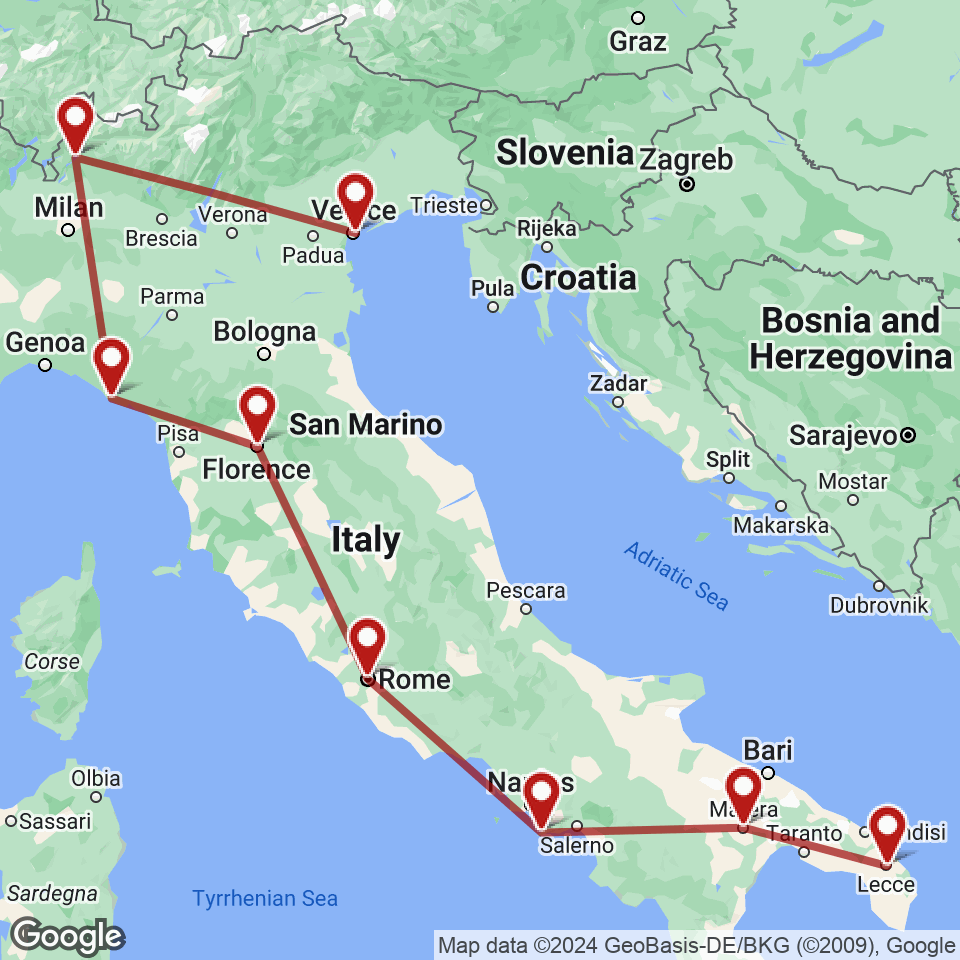Route for Venice, Lake Como, Monterosso Al Mare, Florence, Rome, Sorrento, Matera, Lecce tour